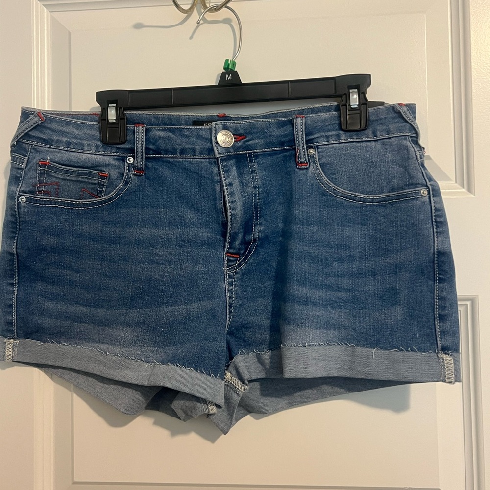 New Authentic True Religion Blue Jean Shorts with Red Stitching and Rolled Hems